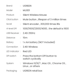 Mouse wireless Bluetooth 1000-4000 DPI, Ugreen, 90373 - Gri Gri
