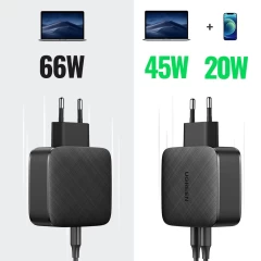 Kit Incarcator Priza Fast Charge + Cablu 2x USB-C PD GaN 66W, 3.3A Ugreen (70867) - Negru Negru