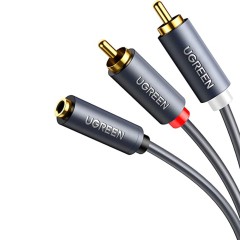 Cablu Audio Jack de 3,5 mm la 2x extensie RCA tata cu conector placat cu aur, 1m, Ugreen, 10588 - Gri