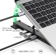 Suport Laptop Docking Station HUB Type-C la 2xUSB 3.0 / HDMI 4K / Cititor Carduri SD Micro-SD, Ugreen, 80551 - Negru Negru
