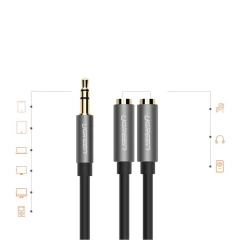 Adaptor Splitter Audio Stereo 2In1 Jack 3,5 mm, 1xMat la 2xFemale cu Impletitura, 20cm, Ugreen, 10532 - Negru Negru