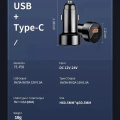 Incarcator Auto Fast Charge USB-A, QC 3.0, USB-C, 38W Arpex (CAPD028) - Negru Negru