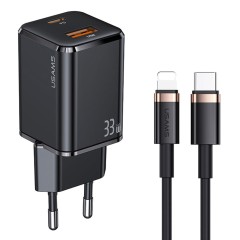 Kit Incarcator Priza Fast Charge + Cablu U63 TYPE-C to Lightning, 1.2m, PD 20W + T43, 1xUSB-C GaN 33W & 1xUSB-A QC 3.0, USAMS (USKTZ01) - Negru