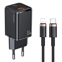 Kit Incarcator Priza Fast Charge + Cablu U63 TYPE-C to Lightning, 1.2m, PD 20W + T43, 1xUSB-C GaN 33W & 1xUSB-A QC 3.0, USAMS (USKTZ01) - Negru Negru