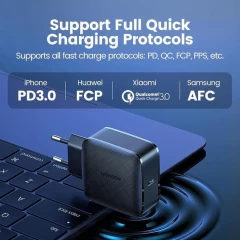 Kit Incarcator Priza Fast Charge + Cablu TYPE-C, PD GaN 3.0, 65W, 4A Ugreen (70817) - Negru Negru